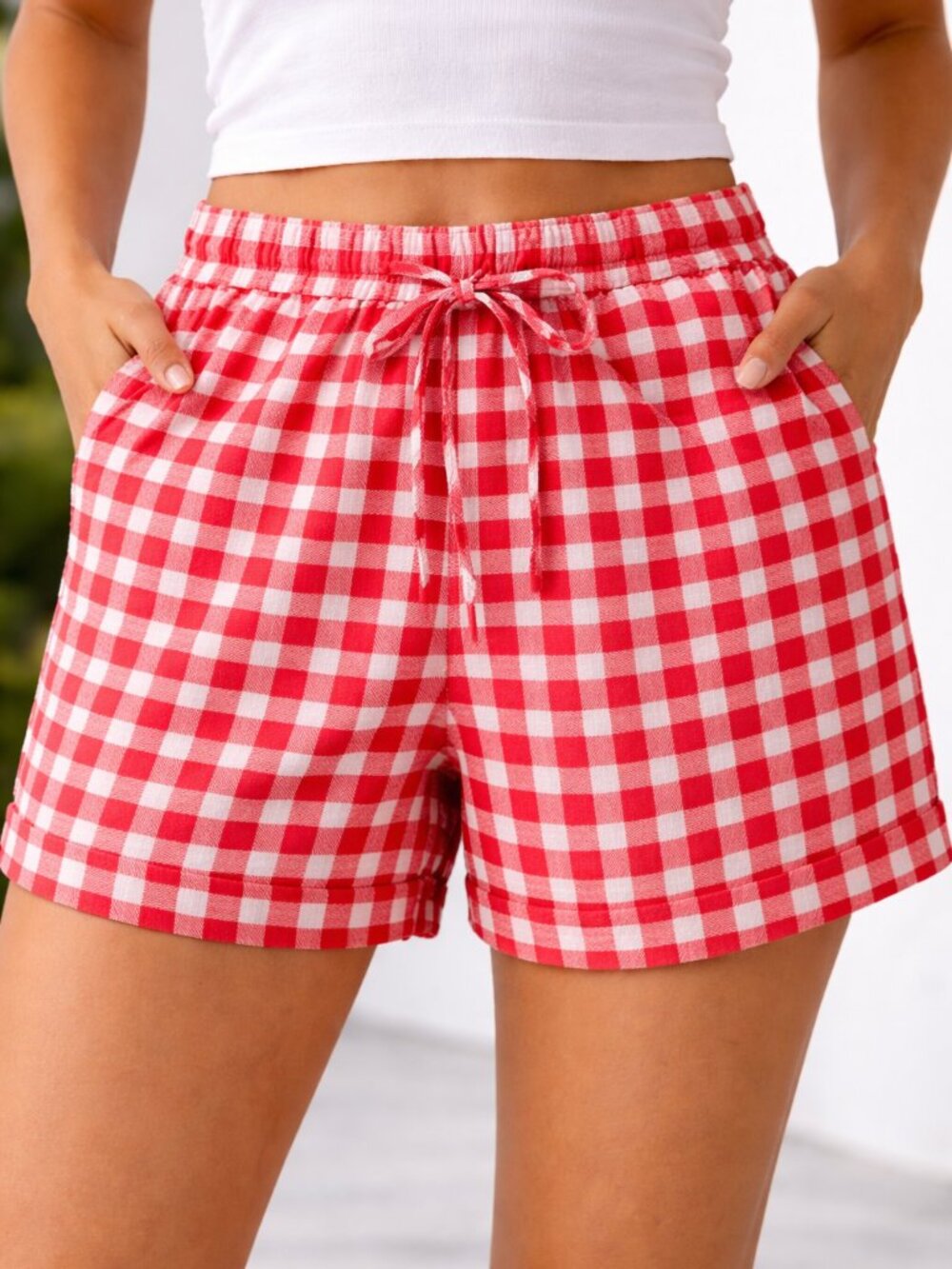 4SI3NNA Red White Gingham Shorts Cottagecore Picnic Summer Cuffed Size S